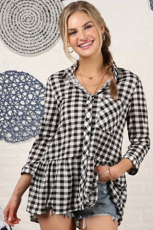 PEPLUM HEM PLAID SHIRTS WITH PATCH POCKET