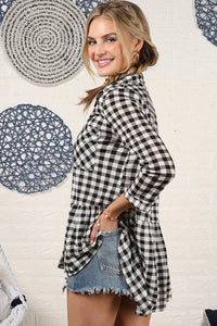 PEPLUM HEM PLAID SHIRTS WITH PATCH POCKET