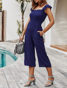 Navy Square Neck Ruffle Jumpsuit