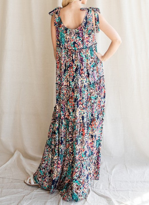 Floral Shoulder Tie Tiered Maxi Dress