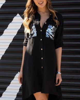 Sequin Pocket Linen Dress