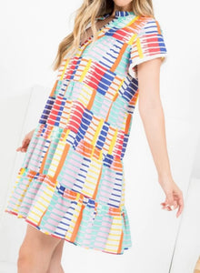 Multicolor Block Flutter Sleeve Dress