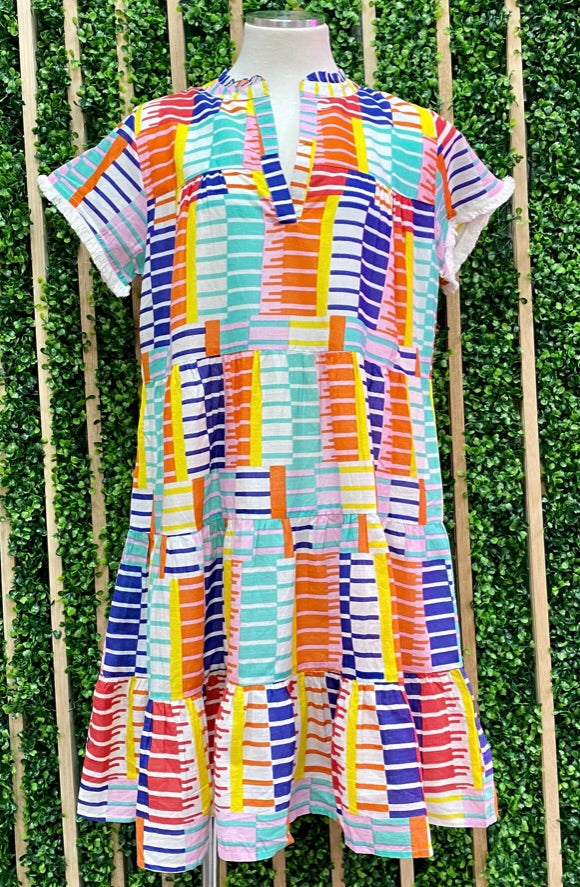 Multicolor Block Flutter Sleeve Dress