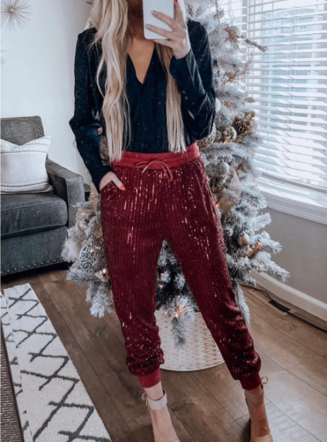 Wine sequin stretch joggers