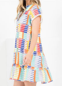 Multicolor Block Flutter Sleeve Dress